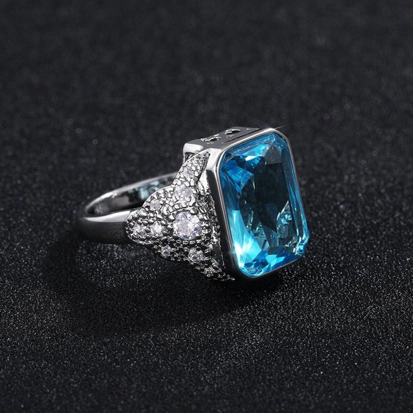 Jewelry - Vintage Carved Radiant Cut Sea Blue Gemstone Fashion Rings for Women, INDN8526